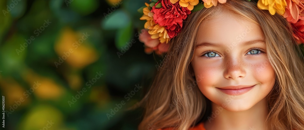 A child, her face bright with a smile, wears a wreath of flowers atop her head in this close-up image A tree stands behind her, adding depth to the A child, her face bright with a smile, wears a wreath of flowers atop her head in this close-up image A tree stands behind her, adding depth to the