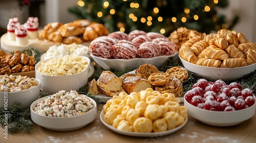 A variety of delicious Christmas treats, including cookies, pastries, and candies, are displayed on a table with a Christmas tree in the background.