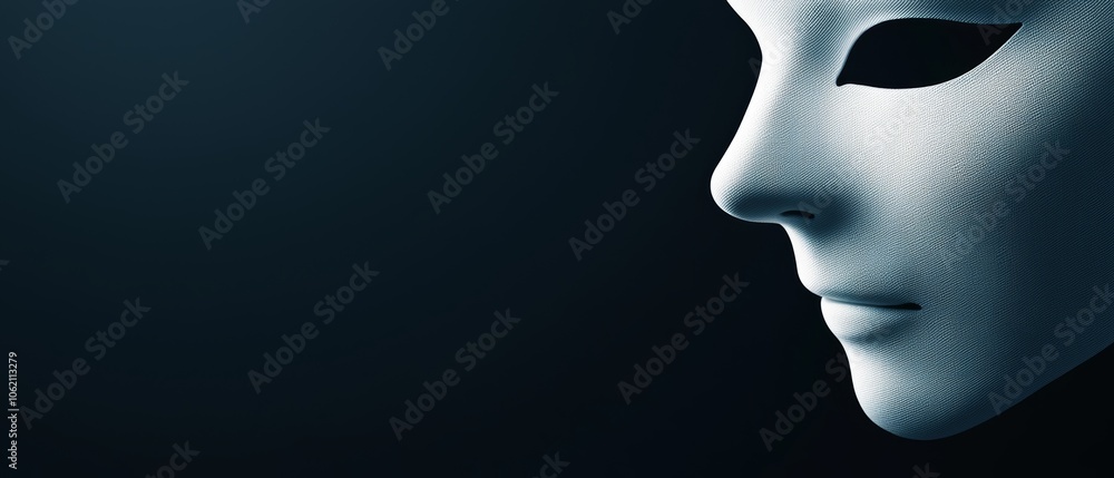 A tight shot of a face concealed by a white mask against a dark backdrop, casting a shadow onto the mask's surface A tight shot of a face concealed by a white mask against a dark backdrop, casting a shadow onto the mask's surface