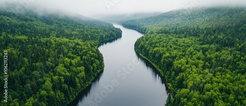  A clear aerial view of a river winding through a densely forested landscape on a foggy morning