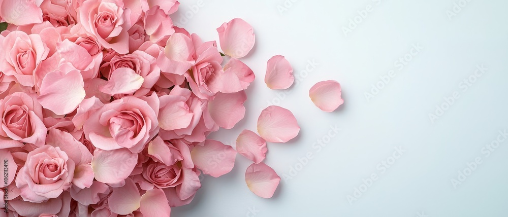 Fototapeta premium Gorgeous Pink Roses and Petals in Closeup Detail on Light Blue-Grey Surface, Romantic Floral Arrangement with Tranquil Mood for Valentine's Day or Wedding Invitations