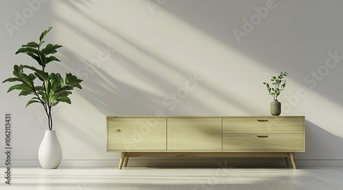 An elegant and minimalist wooden cabinet designed for a television, featuring a light wood color and two drawers on the top section with one door at each end. 