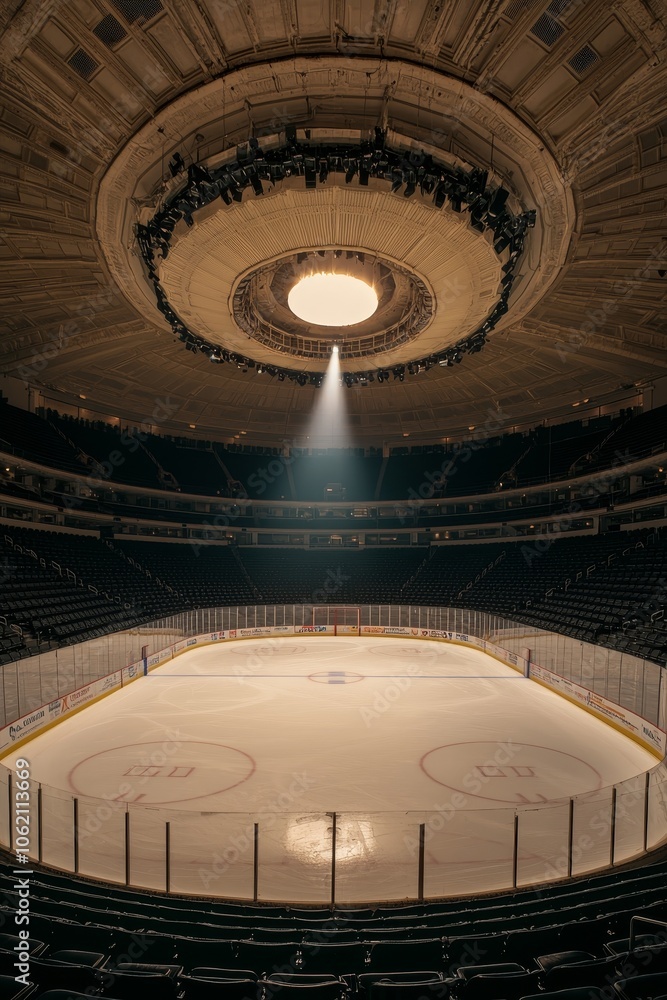 Obraz premium Grandeur of an Empty Hockey Arena Central Light Beam Illuminating Ice Rink in Symmetrical Wide-angle View - Dramatic Stadium Scene for Sports, Atmosphere, and Event Concepts