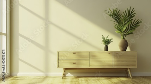 An elegant and minimalist wooden cabinet designed for a television, featuring a light wood color and two drawers on the top section with one door at each end. 