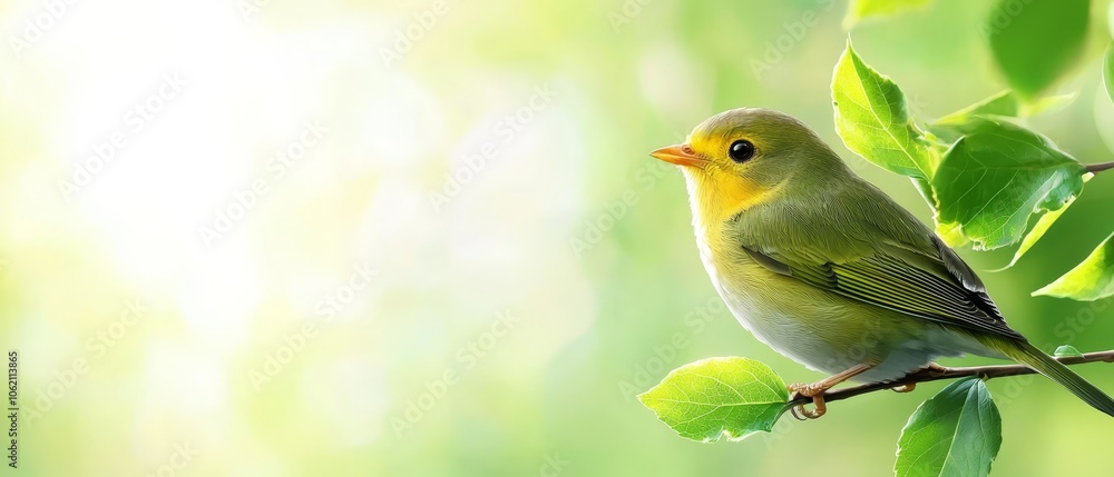 A small bird sits on a tree branch, surrounded by leaves in the foreground against a backdrop of vibrant green foliage A small bird sits on a tree branch, surrounded by leaves in the foreground against a backdrop of vibrant green foliage