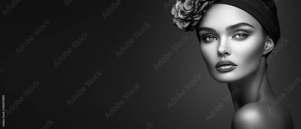 A monochrome image of a woman in a turban adorned with a flower atop A monochrome image of a woman in a turban adorned with a flower atop