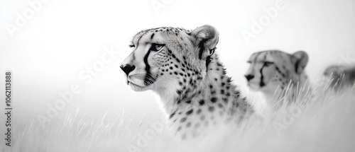  A monochrome image of a cheetah in long grass, a second cheetah in background photo