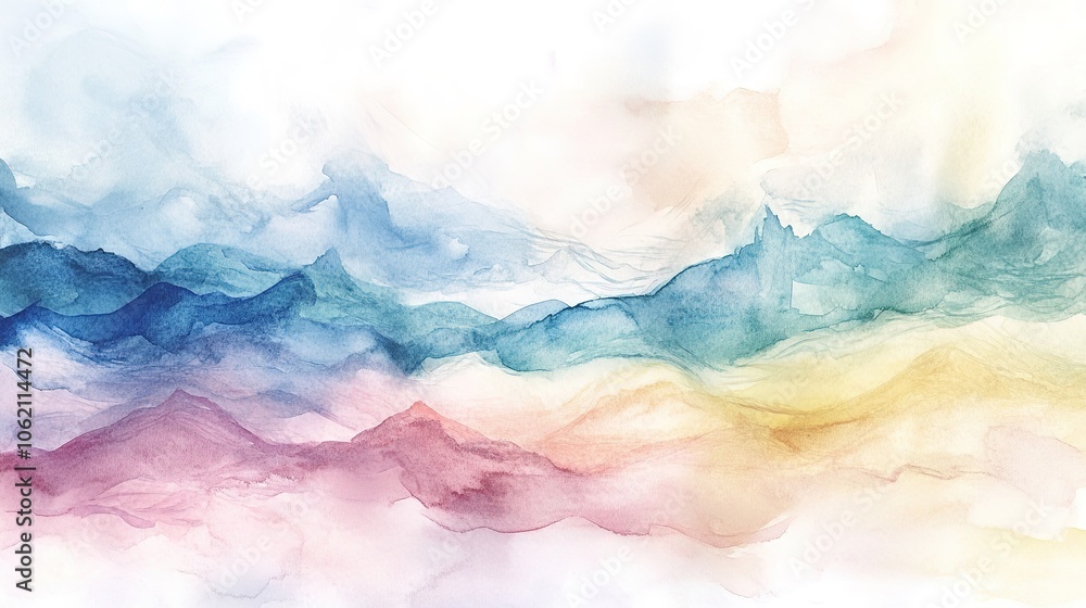 Fototapeta premium Soft pastel watercolor mountain landscape, ethereal vibe