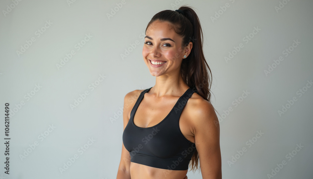 a young woman with long brown hair pulled back in a ponytail is smiling at the camera. she is wearing a black sports bra and black leggings. she is standing against a white wall a young woman with long brown hair pulled back in a ponytail is smiling at the camera. she is wearing a black sports bra and black leggings. she is standing against a white wall