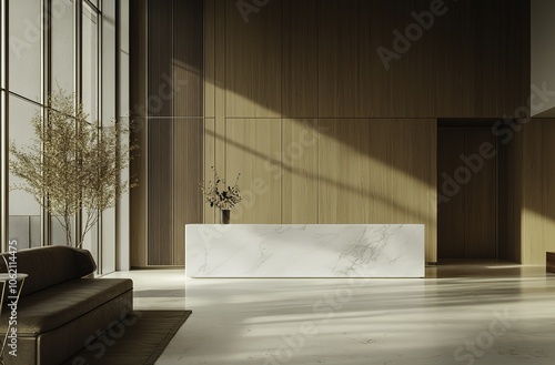 Sleek modern reception area showcasing a white marble counter