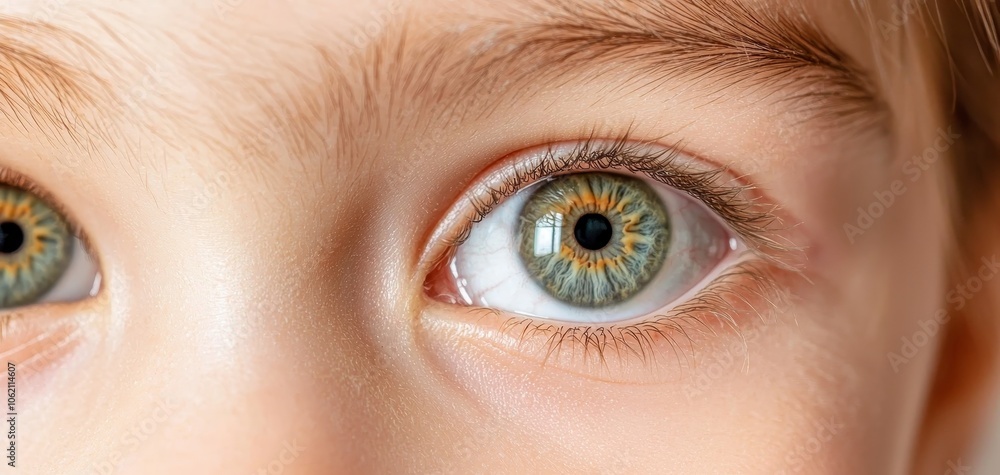 Fototapeta premium Innocent Gaze Enchanting Macro View of Child's Green-Eyed Beauty, Soft Skin Background - Intimate, Vulnerable, Detailed Close-Up for Eye Care, Portraits