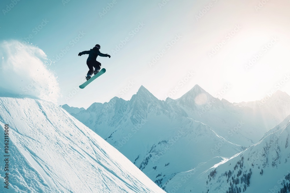 snowboarder performing a high jump trick in mid-air against a backdrop of snow-covered mountains, minimal background with copy space snowboarder performing a high jump trick in mid-air against a backdrop of snow-covered mountains, minimal background with copy space