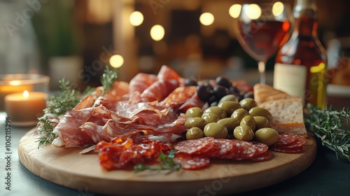 Small charcuterie board of olives, Italian meats, and other gourmet snacks on a aesthetic table setting. warmth. cinematic. 3D render. highly detailed, high resolution for magazine.