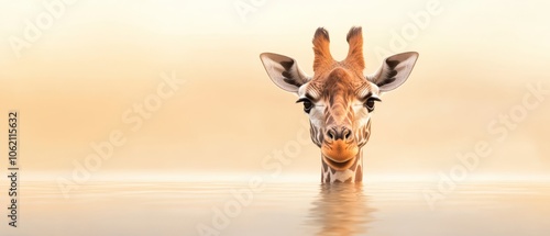  A giraffe wades in a body of water, neck submerged, head and eyes above the surface, gazing at the camera photo