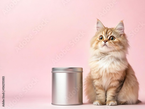 Persian cat sitting next to blank pet food tin, stainless steel, isolated on soft gradient background, product mockup photo