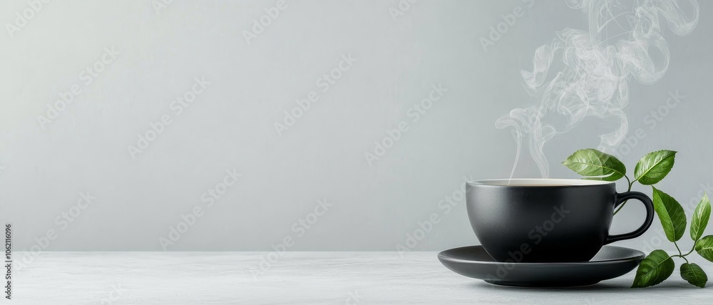 Luxurious Black Ceramic Cup and Saucer with Steaming Beverage on Minimalist Gray Background - Serene Coffee Break Concept Luxurious Black Ceramic Cup and Saucer with Steaming Beverage on Minimalist Gray Background - Serene Coffee Break Concept