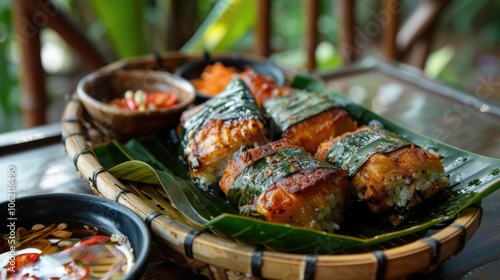 Grilled fish cake made in Southeast Asia with fish, spices, and banana leaf wrapping. photo