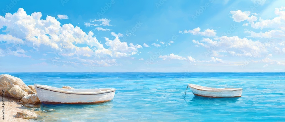 Naklejka premium A few boats bob on a body of water, beside a rocky shore Above, a cloudy blue sky stretches