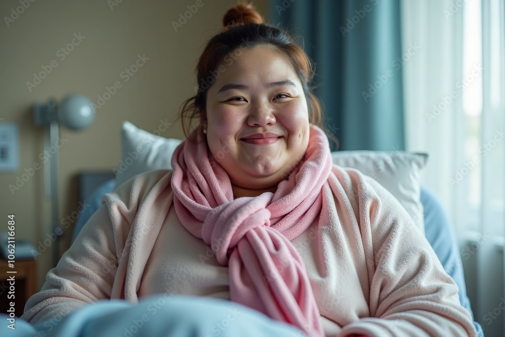 overweight asian woman wearing pink robe and scarf on hospital bed overweight asian woman wearing pink robe and scarf on hospital bed