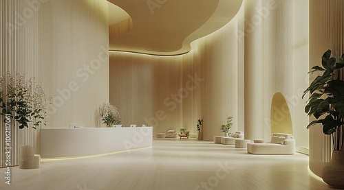 An elegant and modern reception area designed for an aesthetic clinic, featuring minimalist curved walls and stylish white furniture complemented by warm wood paneling and greenery. 