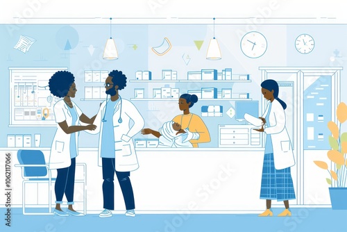 A scene depicting healthcare professionals in a clinic providing maternal care ,vectorline design , illustration photo