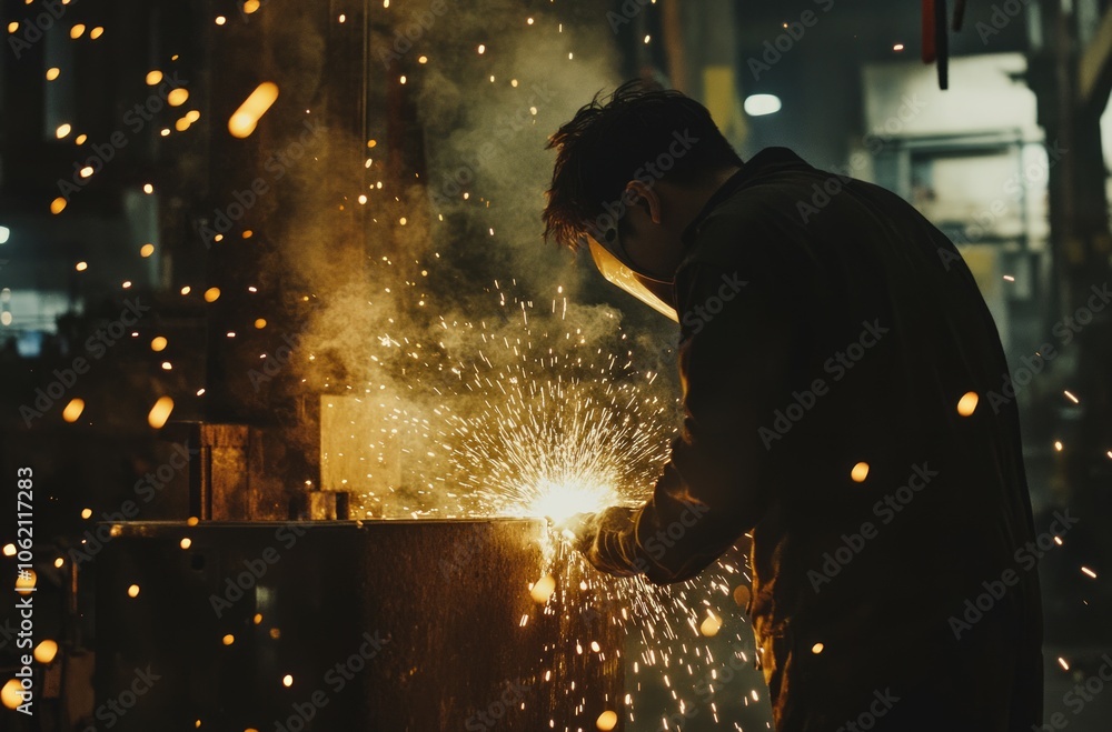 Heavy industry engineering factory with industrial worker and sparks Heavy industry engineering factory with industrial worker and sparks