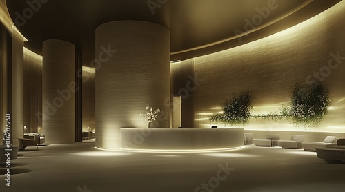 An elegant and modern reception area designed for an aesthetic clinic, featuring minimalist curved walls and stylish white furniture complemented by warm wood paneling and greenery. 