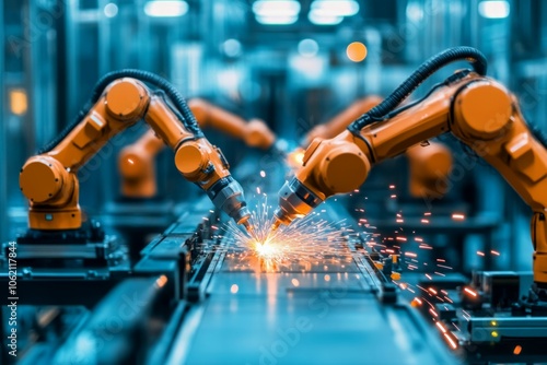 Robot arms produce in the factory with sparks