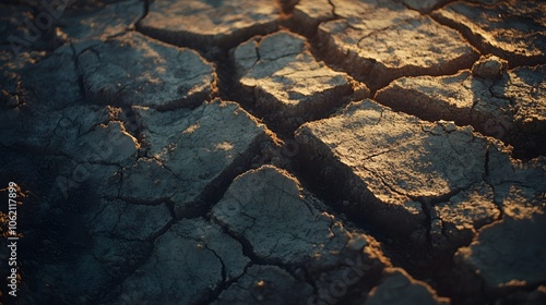 Golden Sunset Over Cracked Earth Texture, Warm Glow Illuminating Parched Terrain, Serene and Evocative Landscape in Ultra HD

 photo