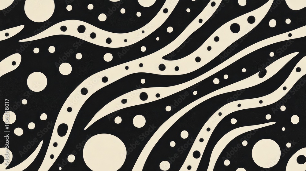 Monochrome polka dot pattern with curved lines, giving a sophisticated and abstract feel
