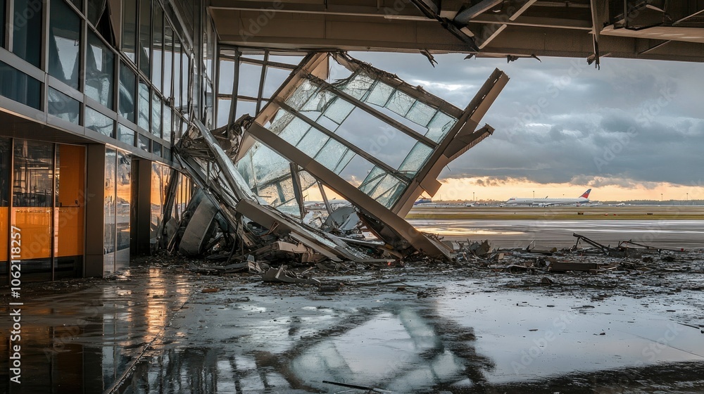Partially collapsed airport structure with twisted metal beams and broken glass Partially collapsed airport structure with twisted metal beams and broken glass