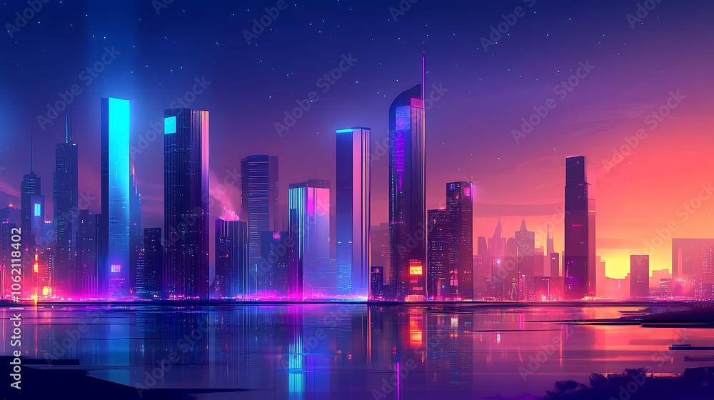 A vibrant, colorful city skyline at dusk with a clear area for text A vibrant, colorful city skyline at dusk with a clear area for text