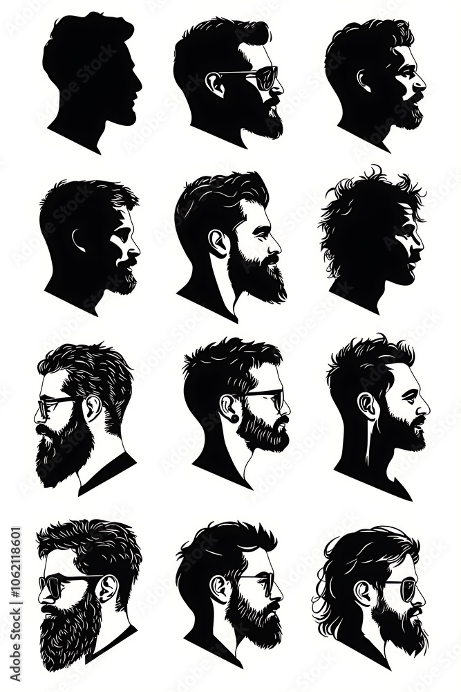 Black silhouette collection of male faces with full beards and hairstyles. Black silhouette collection of male faces with full beards and hairstyles.