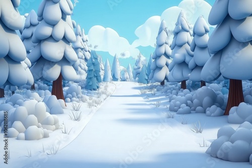 Merry Christmas. 3d Winter holiday landscape cartoon with snowdrifts and snowy fir trees photo