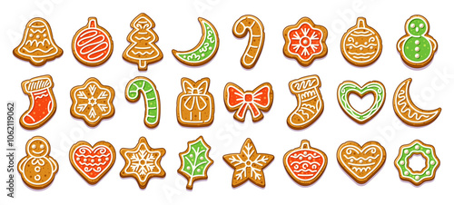 Festive Gingerbread Cookies, Christmas Trees, Candy Canes, And Snowflakes. Cartoon Set Of Vector Cookies Decorated