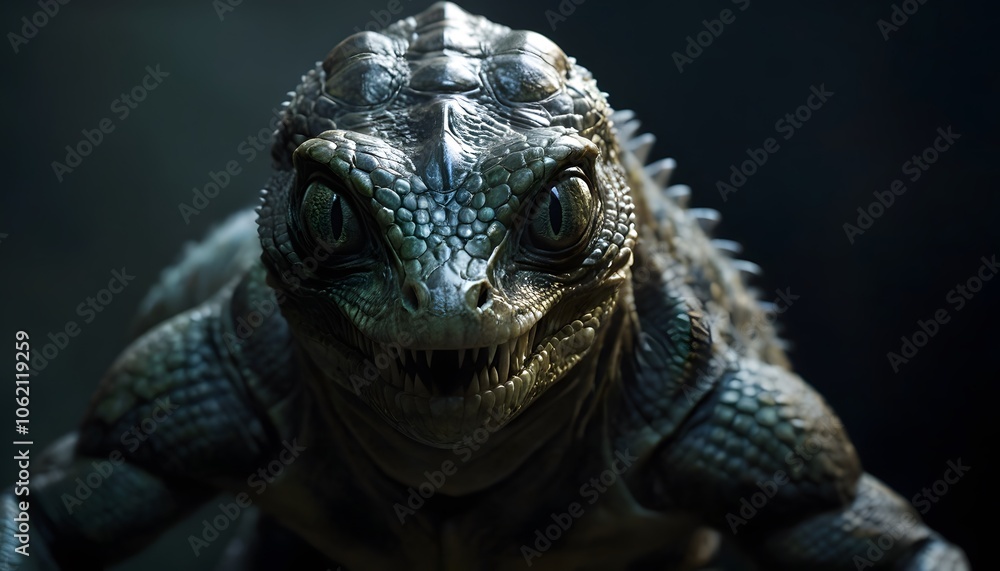Fototapeta premium A Haunting Surreal Image Featuring a Reptilian Creature Masterfully Disguised as a Human, Perfect for Exploring Themes of Identity and Deception