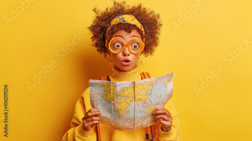 A surprised person with curly hair and large glasses looks at a map against a bright yellow background, embodying curiosity and adventure.