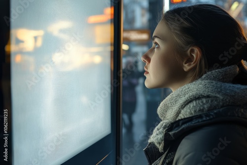 Woman looking at blank white billboard photo