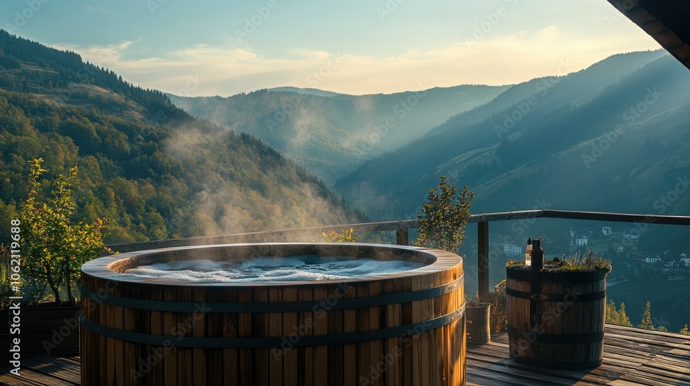 Rustic wooden barrel jacuzzi tub on a deck overlooking mountains, with warm steam rising in the cool air