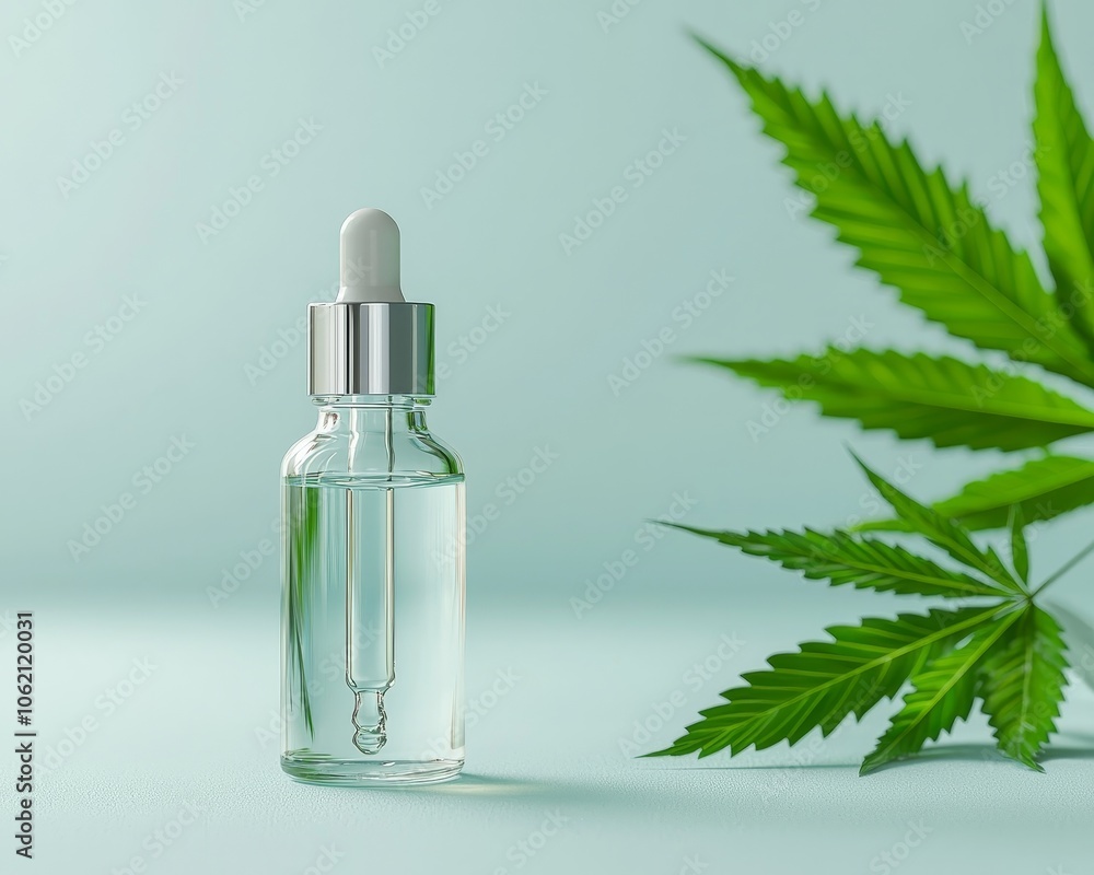 Organic CBD Elixir - Closeup Glass Bottle with Cannabis Leaf, Serene Blue Background for Wellness Concept Organic CBD Elixir - Closeup Glass Bottle with Cannabis Leaf, Serene Blue Background for Wellness Concept