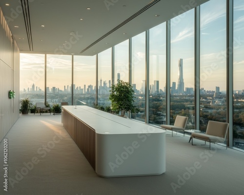 Panoramic City View from Modern Office Interior, Tranquil Sunset Ambiance, Urban Skylinescape, Corporate Workspace Design Concept photo