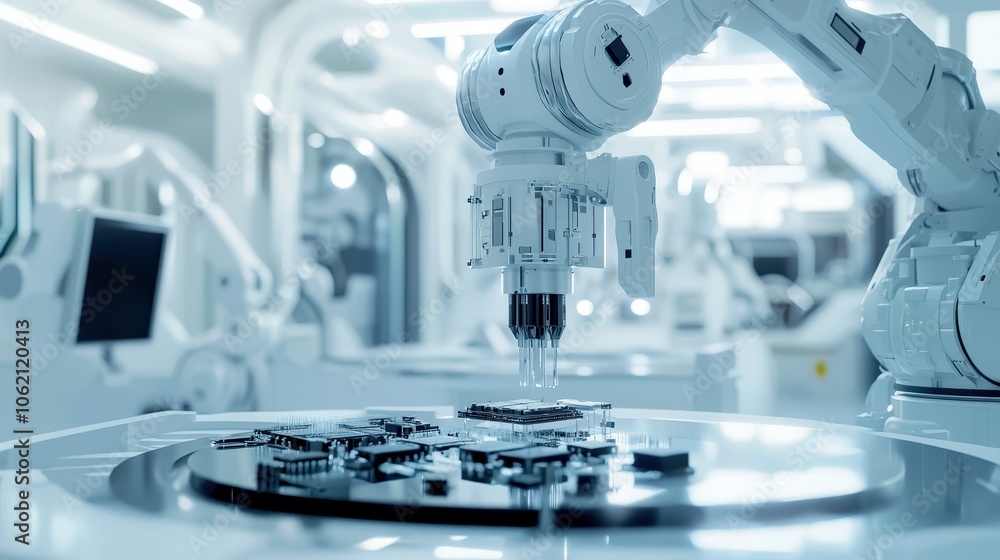 A robotic arm operates in a clean, high-tech environment, handling components on a circular platform, showcasing automation and precision in modern manufacturing. A robotic arm operates in a clean, high-tech environment, handling components on a circular platform, showcasing automation and precision in modern manufacturing.