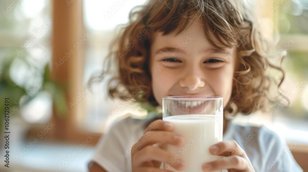 Happy child enjoying a glass of milk, indoor setting with natural lighting. Happy child enjoying a glass of milk, indoor setting with natural lighting.