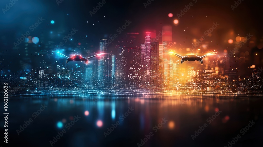 A vibrant cityscape at night, split into two contrasting colors, blue and orange, with figures flying among illuminated skyscrapers. A vibrant cityscape at night, split into two contrasting colors, blue and orange, with figures flying among illuminated skyscrapers.