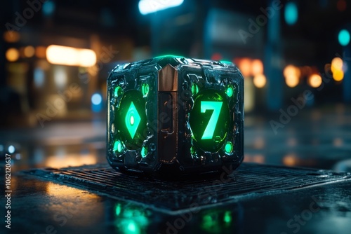 Holographic dice showing a roll of seven with glowing dots, capturing the sleek and high-tech aspect of futuristic games of chance, symbolizing modernity and style photo