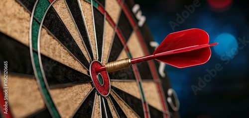 Precision Triumph Closeup Red Dart Hits Bullseye on Dartboard, Success Concept, Sharp Focus, Blurred Background, Achieving Goal, Motivational Image photo