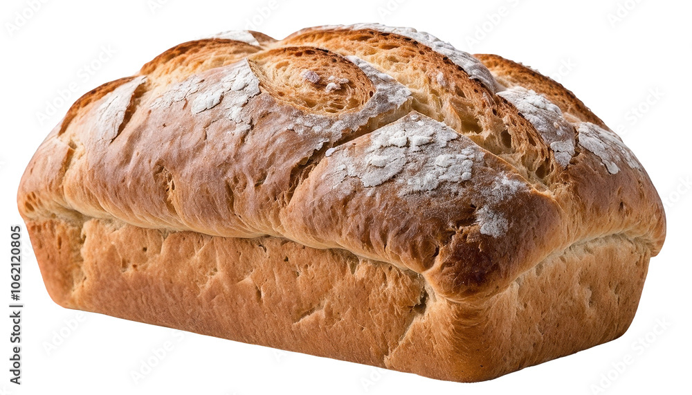 Whole rustic loaf of crusty bread dusted with flour, isolated on a transparent background, showcasing detailed crust texture for a freshly baked appearance. Whole rustic loaf of crusty bread dusted with flour, isolated on a transparent background, showcasing detailed crust texture for a freshly baked appearance.