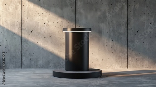 A concrete cylindrical or pedestal shaped display stand or podium placed against a minimalist industrial style concrete wall background with geometric shadows and a clean modern aesthetic