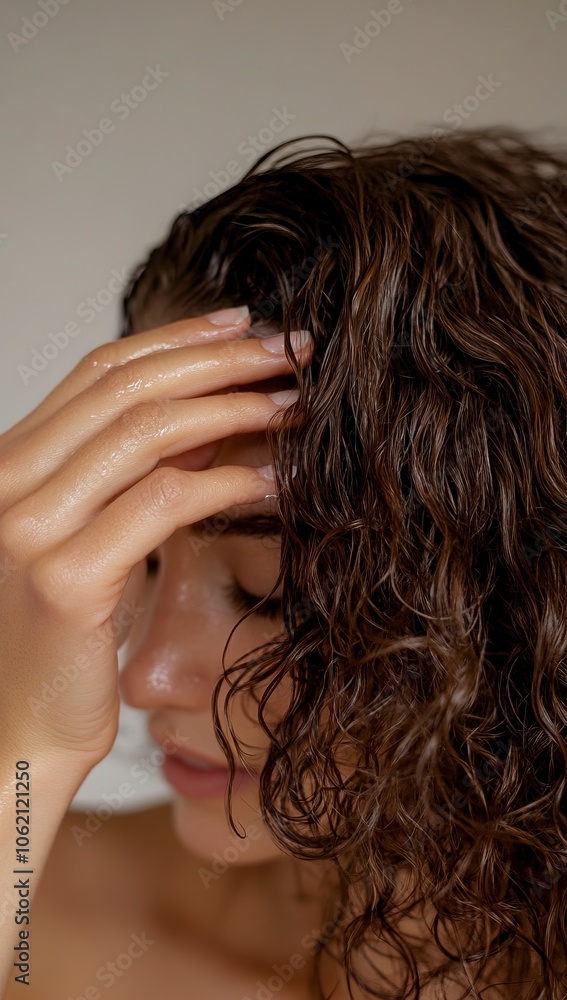 Obraz premium A close-up of the woman's hand running her fingers through her curly hair, using an organic shampoo product for thickening hair. generative ai