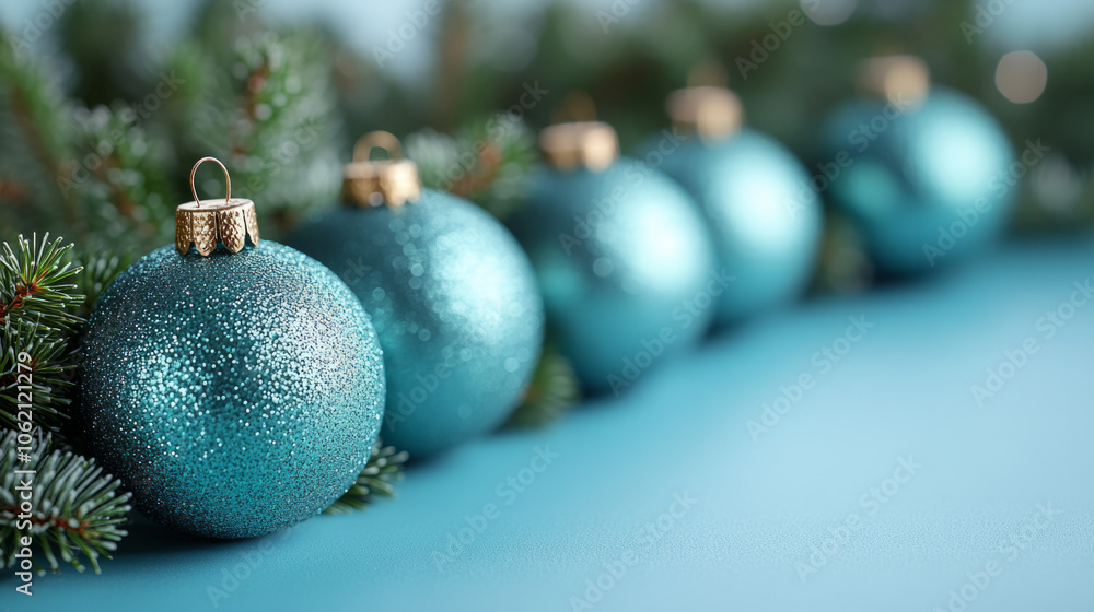 Decorative blue Christmas ornaments arranged on a festive table setting Decorative blue Christmas ornaments arranged on a festive table setting